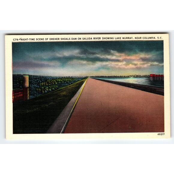Vintage Linen Postcard Dreher Shoals Dam Lake Murray Columbia SC - Picture 1 of 2